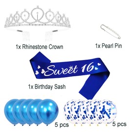 MSFLORAL Sweet 16 Sash and Rhinestone Tiara Kit, Silver Letter Royal Blue Birthday Sash Balloons Crystal Silver Tiara Crowns for Girl Birthday Gift Ideas Party Decorations