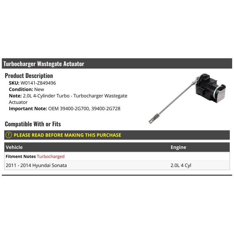 Turbocharger Wastegate Actuator - Compatible with 2011-2014 Hyundai Sonata 2.0L