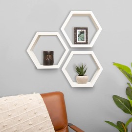 Drakestone Designs Hexagon Floating Wall Shelves, Farmhouse Style Decorative Bookshelves for Kitchen, Bedroom, Living Room, and More, Solid Wood, 10.13" H x 11.75" W x 4.00" D, White, 3-Pack