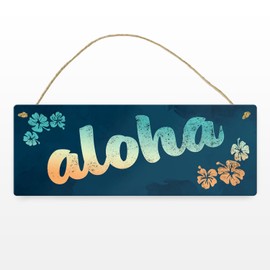 Metal Sign L 10.5 x 28 cm with Hawaii Design and Lettering Aloha with Small Flowers