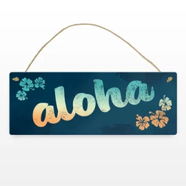 Metal Sign L 10.5 x 28 cm with Hawaii Design and Lettering Aloha with Small Flowers