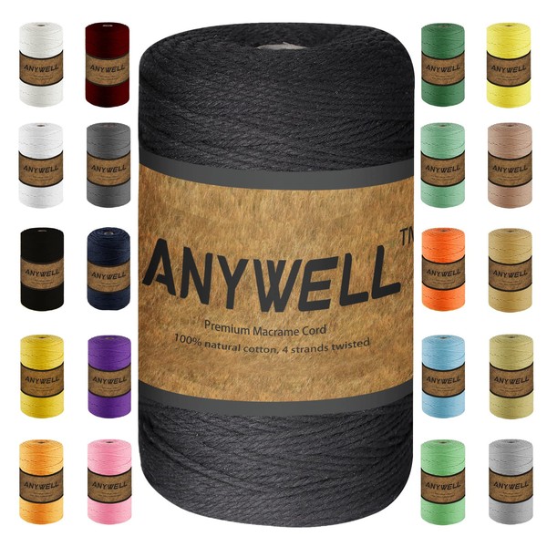 ANYWELL Black Macrame Cord 2mm x 327yards, Cotton Cord, Macrame