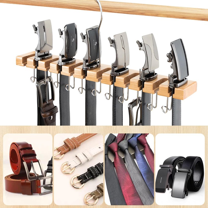 Wooden Belt Hanger for Closet 2-in-1 Wall Mount Belt Organizer