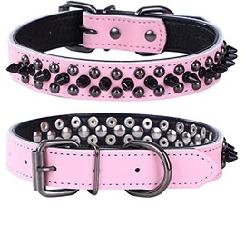 haoyueer Adjustable Genuine Leather Spiked Studded Dog Collars for Small Medium Large Pets Like Pit Bull Bulldog Pugs Husky (M, Pink1)