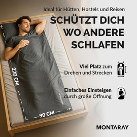 Cotton Hut Sleeping Bag - Double Layer, Small Pack Size, Soft & Skin-Friendly with Pillow Compartment, Eye Mask & Ear Plugs - Breathable & Compact, 220 x 90 cm - Ultralight for Hut & Travel Grey