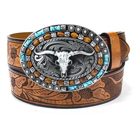 Western PU-Leather Cowboy Cowgirl Buckle Belt for Men Women Jeans - Engraved Floral Longhorn Oval Texas Buckle Belt