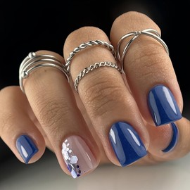 Blue Press on Nails Medium Square MABKJLF Fake Nails False Nails with Glitter Designs Elegant Full Cover Glossy Glue on Nails Stick on Nails Acrylic Nails for Women Girls 24 Pcs