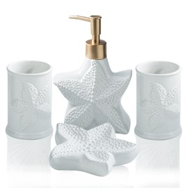 Bathroom Accessories Set, 4 Pcs Beach Starfish Ensemble Sets Ceramic Bathroom Counter Sets Includs Soap Dispenser Soap Dish & 2 Gargle Cup, Creative Bathroom Kit for Home Office Hotel (Starfish)