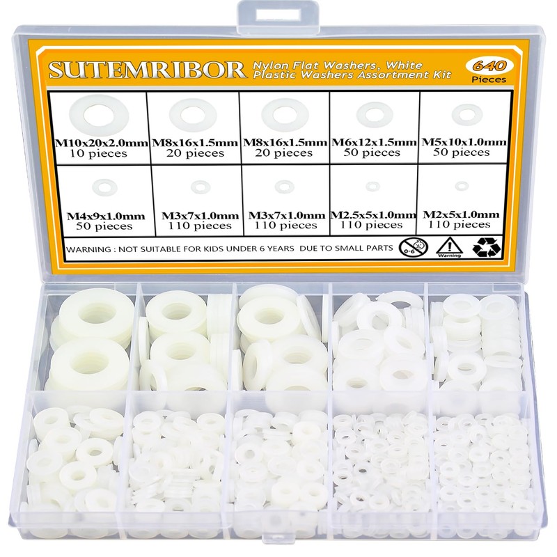 Sutemribor 640-Piece 8-Size White Nylon Washers Assortment Kit - Metric
