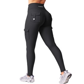 YEOREO CoreFlex Gym Workout Cargo Leggings with Pockets for Women Hidden Scrunch Butt Lifting Yoga Pants Black L