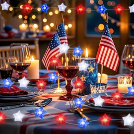 4th of July Decorations String Lights 2Pack, 16FT 50LED Red White Blue Stars Patriotic String Lights with Remote, USB & Battery Powered Fairy Light for Patriotic Memorial Day Independence Day Decor