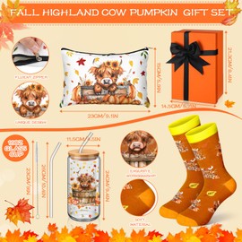 Skylety Fall Highland Cow Pumpkin Theme Gift Set Includes 16oz Glass Cup with Lid and Straw Cute Sock Western Makeup Bag Highland Cow Autumn Thanksgiving Gifts for Women Lovers Stuff