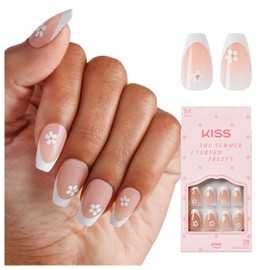 KISS | The Summer I Turned Pretty French Tip Press On Nails, ‘Sunlit Days’, Medium Coffin, Includes Pink Gel Nail Glue (2g), Mini Nail File, Cuticle Stick, & 28 Fake Nails