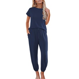 Ekouaer Pajamas for Women 2 Piece Lounge Sets Cap Sleeve Loungewear Top with Joggers Pants S-XXL Navy