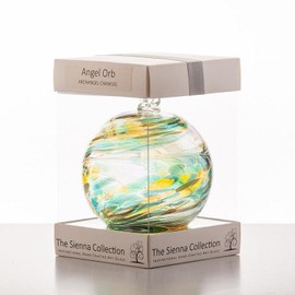 Sienna Glass Angel Orb – Archangel Chamuel Green Fluorite – 10cm Handcrafted Glass Ornament with Ribbon – Unique Spiritual Gift for Home or Office