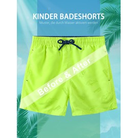 SERENYOU Boys' Board Shorts Children's Pattern Changing Swimming Shorts with Mesh Lining, shark neon yellow, 13 - 14 years