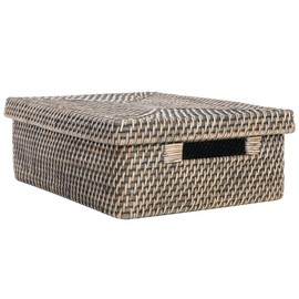 Kouboo Rattan Storage Box and Decorative Shelf Basket Black Wash 14.25 inch Stackable Bin with Lid for Organizing