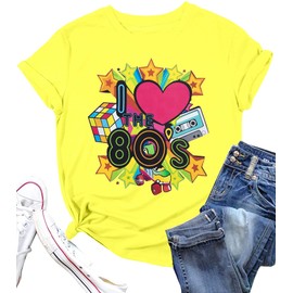 ASTANFY 80s Workout Costume Outfit for Women I Love The 80's T-Shirt 80s Outfit Hip Hop Party Tee Birthday Theme Party Gift Yellow