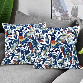 Alysheer Embroidered Decorative Throw Pillow Cover 18"x 18" Set of 2, Lucky Bird Boho Embroidery Happy Knit Pattern Cotton Cushion Case for Sofa Couch Living Room Bedroom Outdoor (Blue Bird, 2pc)