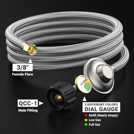 only fire 12 Feet Propane Regulator Hose with Gauge,Fits for Fire Pit, Heater, Grill and More, Stainless Steel Braided Gas Hose with 3/8" Female Flare Fitting,QCC-1 Connection