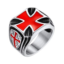 FaithHeart Knights Templar Red Cross Rings, Vintage Jerusalem Crusader Signet Ring Jewelry, Stainless Steel Pinky Ring Size Q