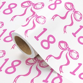WRAPAHOLIC 18th Birthday Wrapping Paper Roll - Mini Roll - 17 Inch x 16.5 Feet - Pink Bow Wrapping Paper for Girls Birthday, Baby Shower, Party