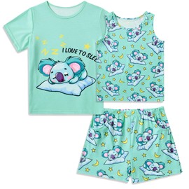 Funnycokid Girls Pajamas Size 7-8 Koala Short Sleeve Shirts 3 Pieces Kids Summer Pjs Set Loungewear Tank Top Shorts Sleepwear Size 7-8
