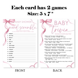 Word Scramble & Baby Trivia Theme Baby Shower Games Activity-Minimalism Pink Ribbon Bow Game Cards For Boys & Girls-Baby Shower Party Supplies & Favors-30 Game Cards(5”x7”) & 1 Answer Card(4”x6”)-D06