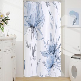 Litabel Small Stall Boho Watercolor Floral Shower Curtain 36 x 72, Blue and Grey Ink Painting Style Flower Shower Curtains for Chic Elegant Bathroom, Artistic Narrow Half Size Shower Curtain