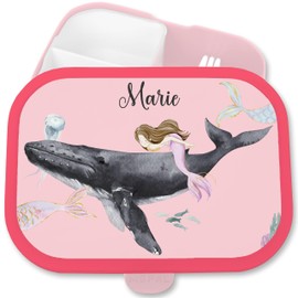 Lunch Box Children's Campus for Mepal - Lunch Box Mermaid with Whale and Name I Lunch Box Water Mermaid Gift Mermaid Motif Underwater World Gifts Underwater Lunch Box - 750 ml - Pink