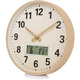 zyzamay 12 Inch Modern Light Brown Wood Grain Indoor/Oudoor Wall Clock with LCD Display Thermometer & Week & Date, Silent Accurate Timekeeping, Large Wood Grain Numbers in White Dial