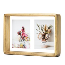 Wontree 5x7 Floating Picture Frame Collage, Solid Pine Wood with Double Sided Real Glass, Fits Two 5x7 Photos or Use as One 8x12 Picture, Wall Hanging or Tabletop Free-Standing Display, Antique Nature