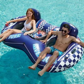 Jasonwell Inflatable River Tube Float - 2 Person Heavy Duty River Float Pool Floats with Removable Cooler Lake Water Tubes for Floating River Raft Lounge Floatie with 2 Cup Holders for Adults (D-Blue)