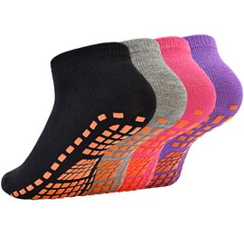 HYCLES 4 Pairs Non-Slip Yoga Pailates Socks with Grip for Women and Men, Non-Slip Ankle Socks for Yoga, Pilates, Barre, Home & Hospital, 01#Black + Grey + Pink + Lil