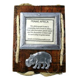 The Friendly Trading Co Frame Africa Hand Made Wood & Recycled Metal African Photo Frame with Hippo 3 x 3.25 inch Photo size
