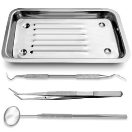 Dental Examination Tool Set, Stainless Steel Tweezer, Mirror, Scaler Probe with Tray (1 SET, Contain 1 Mirrors, 1 Tweezers, 1 Probes + 1 Tray)