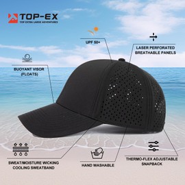 Big Extra Large Heads Men Women Oversize L/XL Black Snapback Baseball Cap Hydro Performance Cool Hat Water Repellent Golf Boat Running Workout Gym