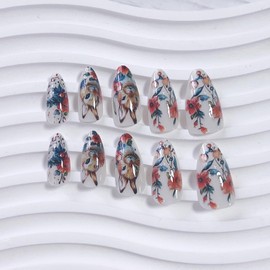 Easter Press On Nails Almond Medium Flower Nails Press Ons Bunny Fake Nails with Colorful Floral Cute Rabbit Designs White False Nails Full Cover Artificial Acrylic Nails Glue Stick On Nails for Women