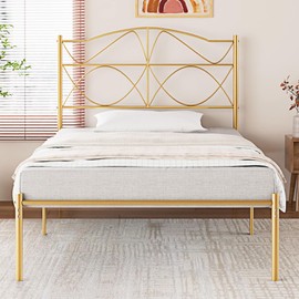 VECELO Twin Size Metal Platform Bed Frame with Headboard and Footboard,Sturdy Slats Support Mattress Foundation, No Box Spring Needed, Gold