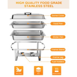 6 Pack 8QT Chafing Dish Buffet Set Stainless Steel Food Warmer Chafer Complete Set With Water Pan, Chafing Fuel Holder for Party Catering