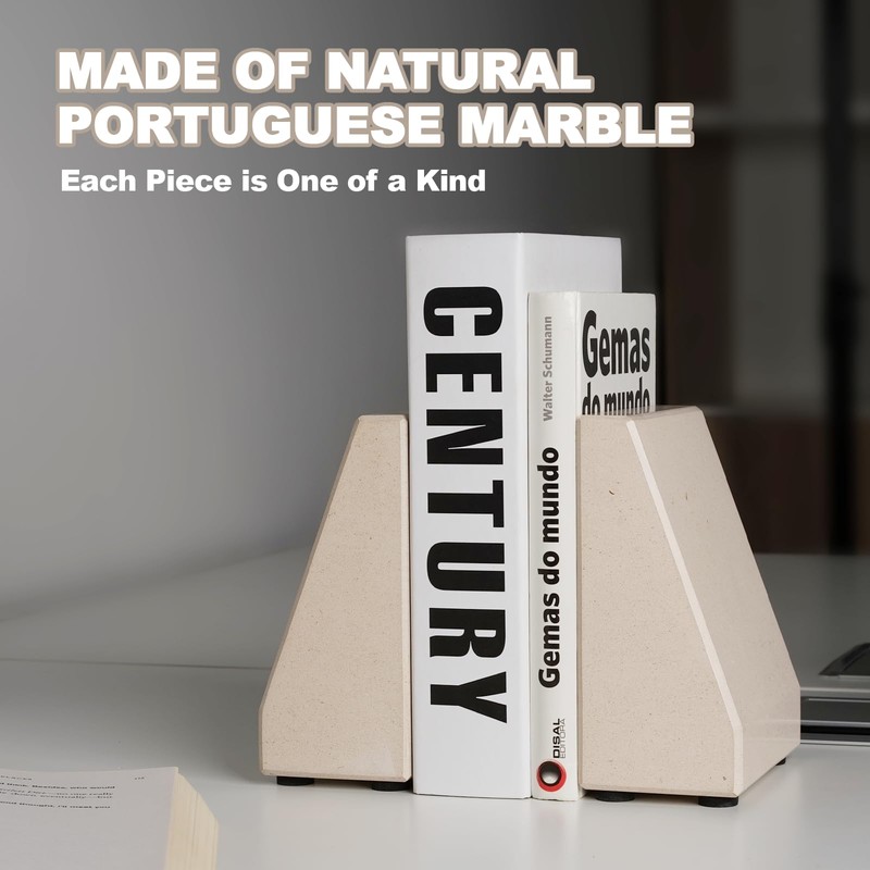 Book End, Natural Marble Bookend for Shelves, Non-Skid Bookends for
