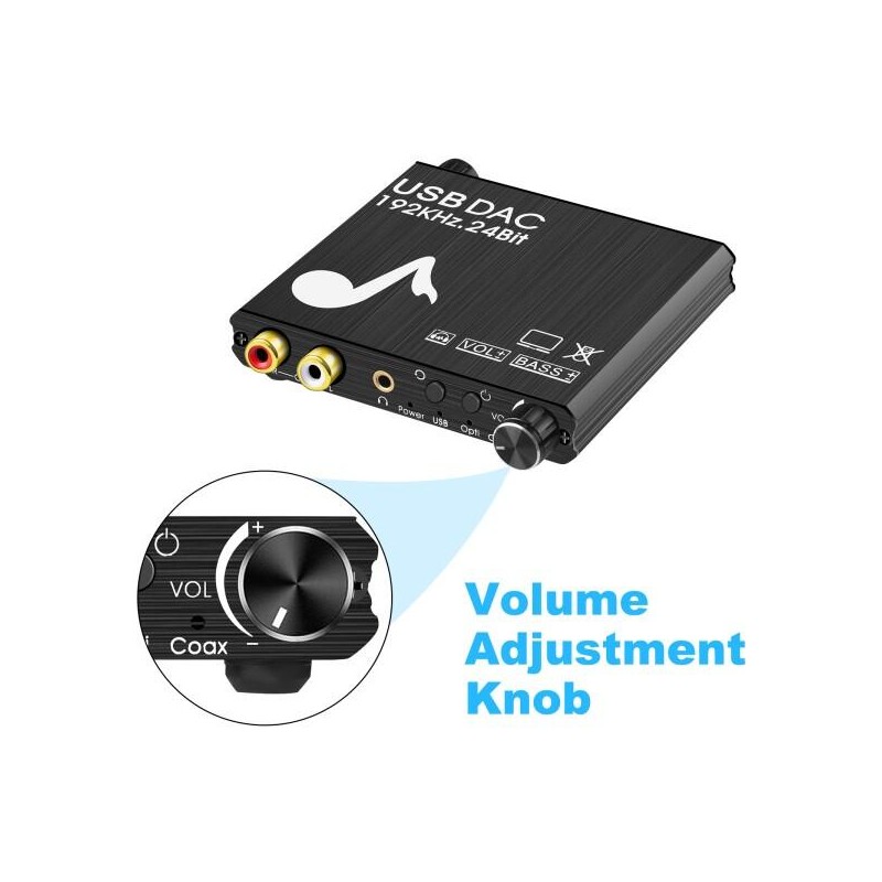 호환 USB DAC 192kHz 24Bit 디지털-아날로그 변환기(베이스볼륨 제어 포함) 동축