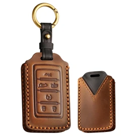 TECART Key Fob Cover with Keychain Leather Key Shell Case Protection Fit For 2024 Jeep Grand Cherokee L Grand Wagoneer, Brown