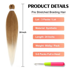 ADIASAI Braiding Hair Pre Stretched 24 Inch 3 Packs, Pre stretched Braiding Hair for Professional Braiding Hair Extensions, Hot Water Setting Yaki Texture Synthetic Hair(27/613#)