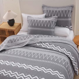 SahSahCasa Quilt Queen Size, 100% Cotton Quilt, Queen Quilt Bedding Set Bedspreads, Geometric Reversible Lightweight Striped Comforter Bedspread for Queen Bed, All Season, Gray, 3pcs