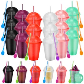 24 Sets Slushie Cups with Dome Lids and Straws Detachable Spoon Straws Reusable Plastic Iced Coffee Cups Smoothie Tumbler for Birthdays Summer Party Supplies (Multicolor)