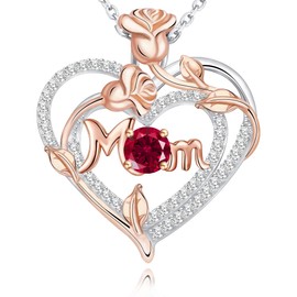 CREENCIA Heart Rose Birthstone Necklace Gifts for Mom, 925 Sterling Silver Necklaces for Women Jewelry Mothers Day Birthday Christmas Gifts for Women Mom Grandma Her Wife Girlfriend