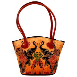 Twin Royal Elephants Design Ethnic Hand Embossed 100% Pure Shantiniketan Leather Indian Hand Bag