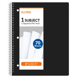 SUNEE Spiral Notebook, 1-Subject, Graph Ruled Paper, 8" x 10-1/2", 70 Sheets, 5 Squares per inch Spiral Grid Notebooks for Work, Home, School, Writing, Black
