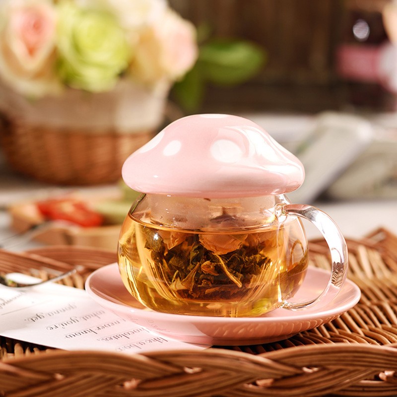 Cute Mushroom Shaped Teacup Ceramic Glass Filter Tea Cup Set